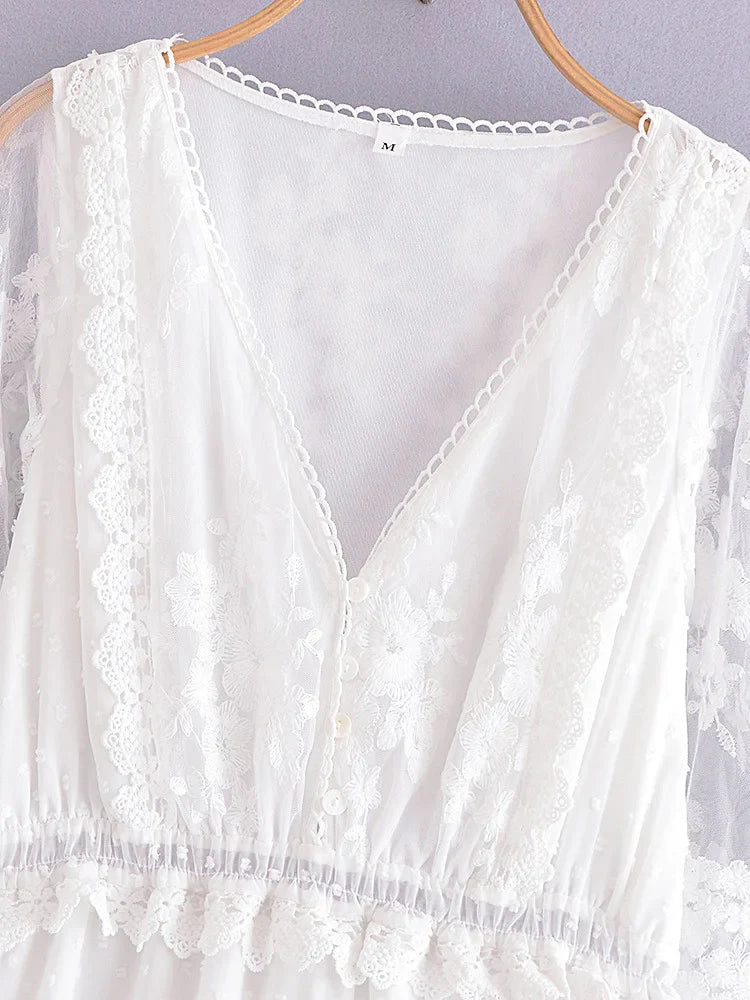 Romantic White Lace Boho Floral Maxi Dress