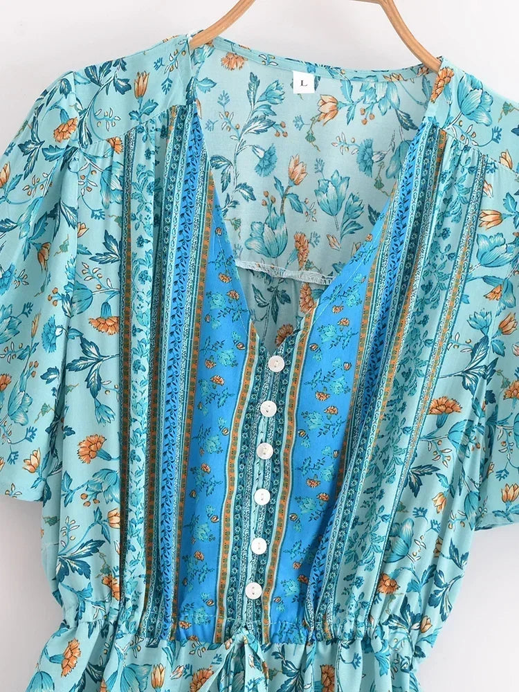 Seaside Breeze Boho Floral Print Mini Dress
