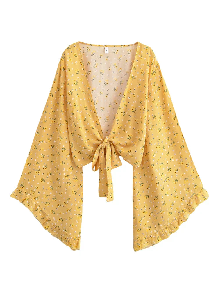 Buttercup Bloom Boho Floral Print Long Sleeve Crop Top