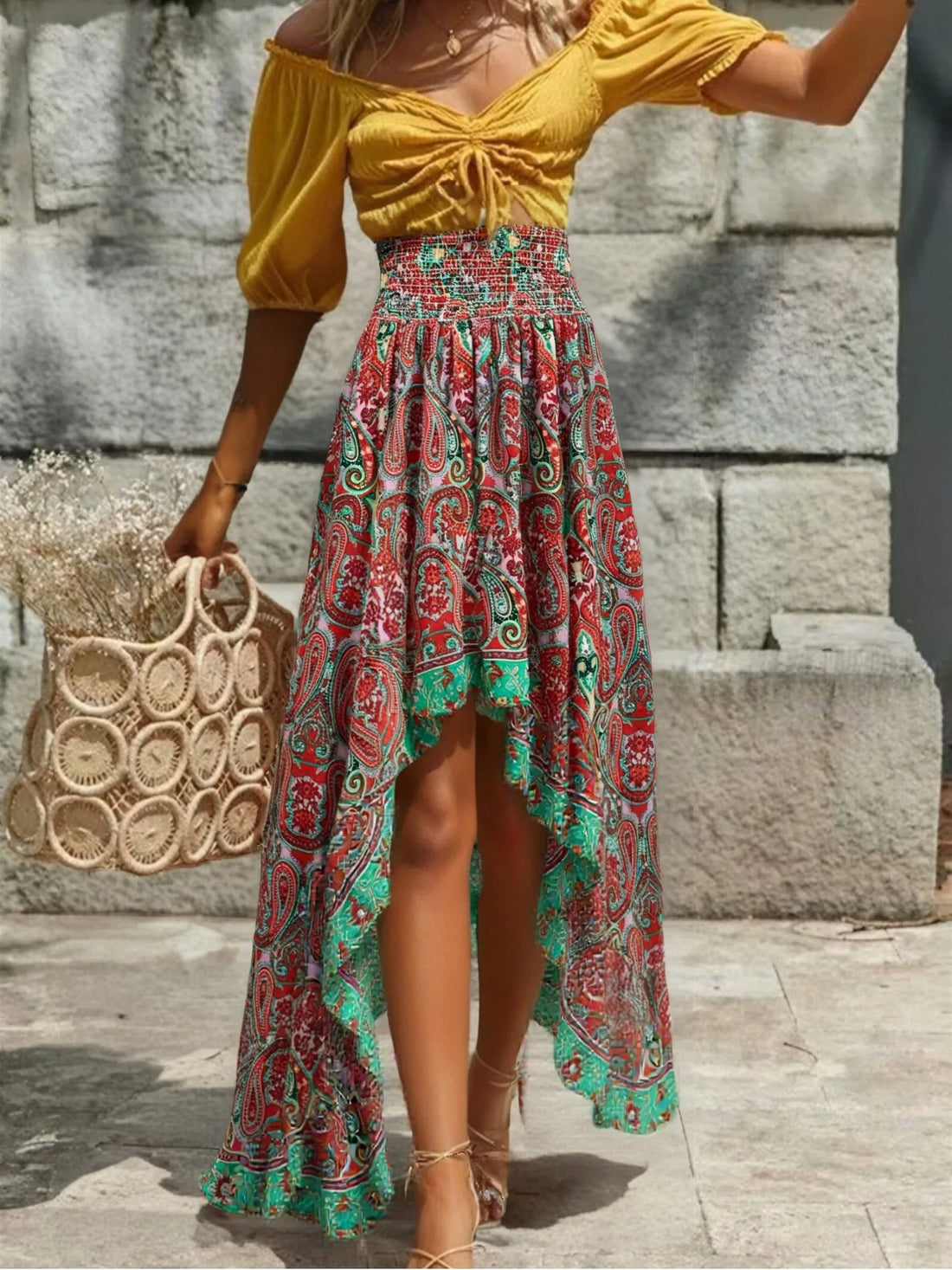 Scarlet Mystic Boho Paisley Print High-Low Maxi Skirt