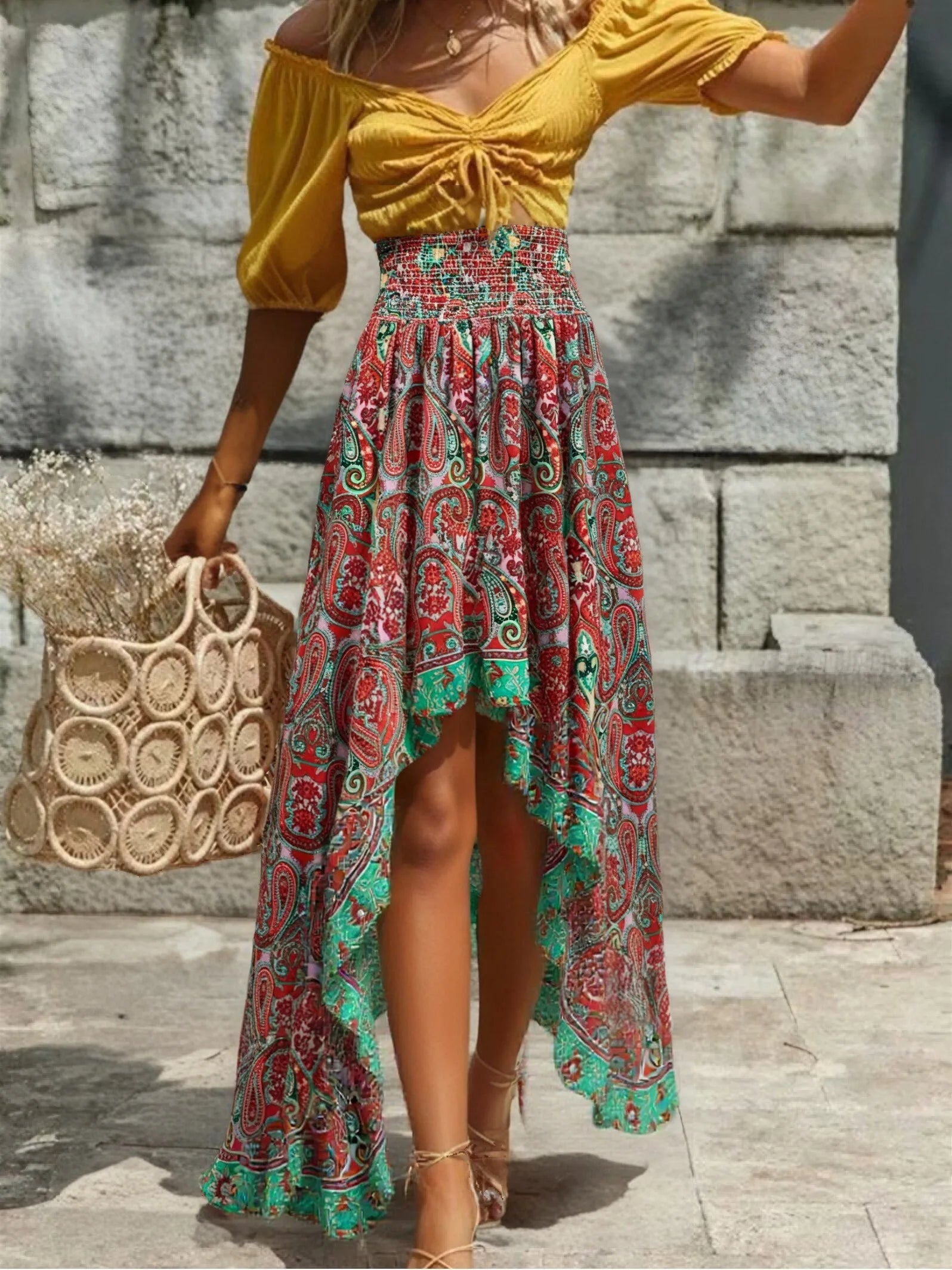 Scarlet Mystic Boho Paisley Print High-Low Maxi Skirt