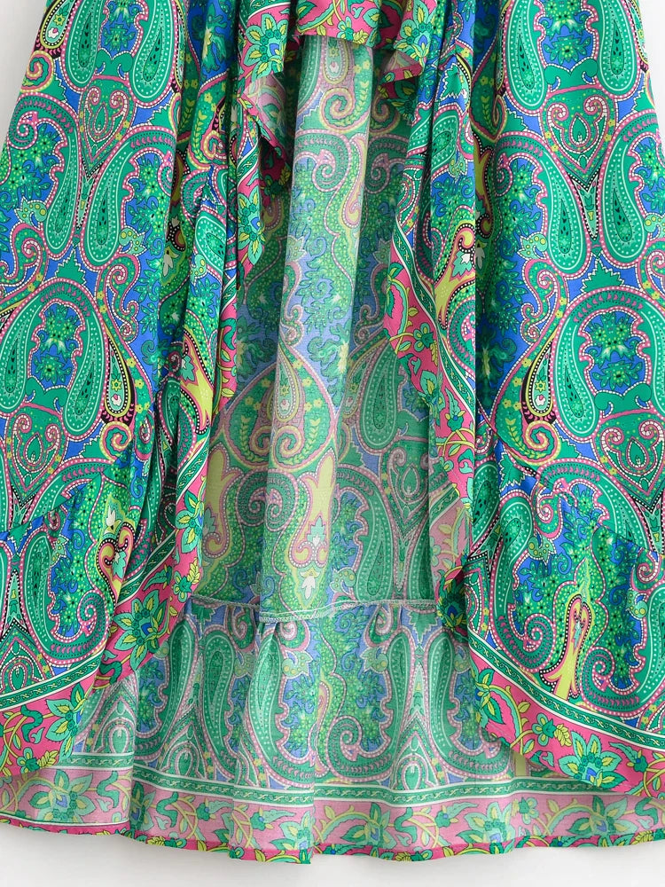 Mystic Green Boho Paisley Print High-Low Maxi Skirt