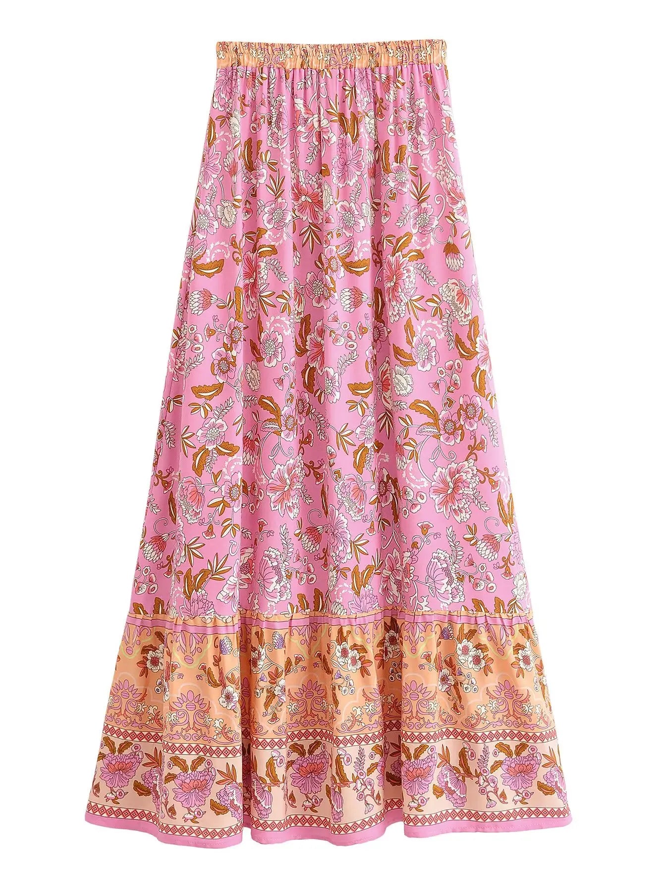 Pink Meadow Floral Print Boho Maxi Skirt