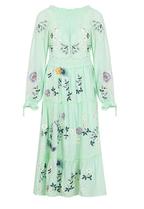 Mint Blossom Floral Embroidered Maxi Dress