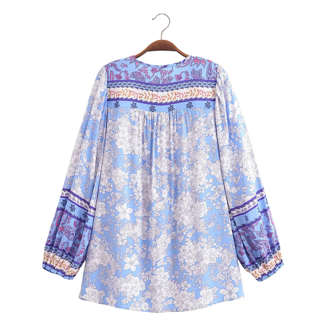 Serene Blue Boho Floral Print Long Sleeve Blouse