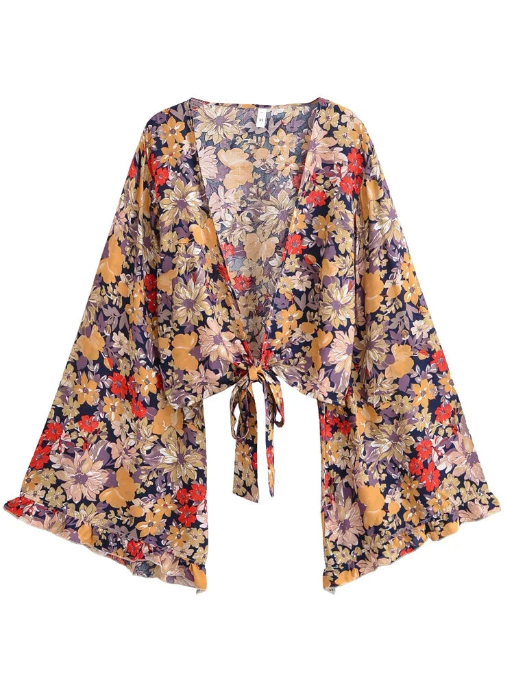 Golden Twilight Boho Floral Print Long Sleeve Crop Top