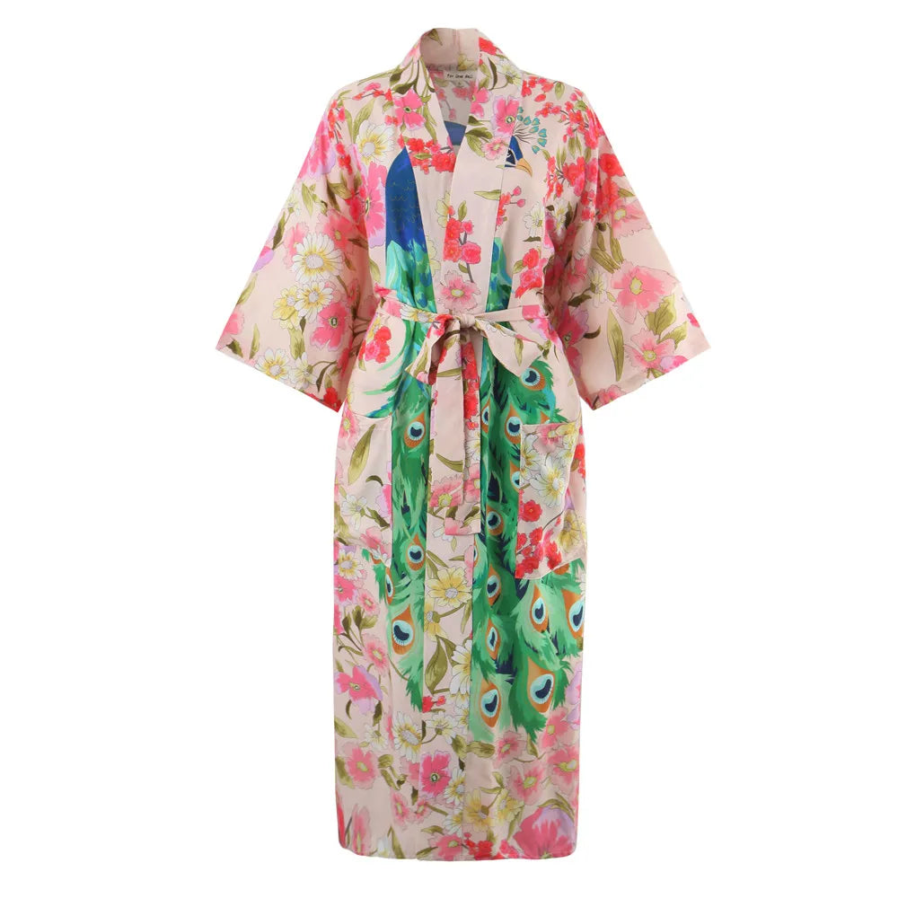 Pink Peacock Boho Floral Print Maxi Robe
