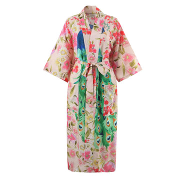 Pink Peacock Boho Floral Print Maxi Robe