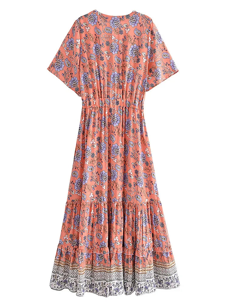 Coral Bloom Boho Floral Print Maxi Dress