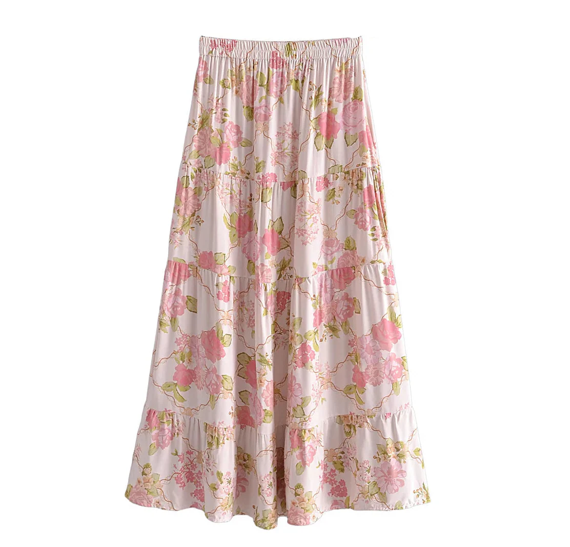 Blushing Rose Floral Print Boho Maxi Skirt
