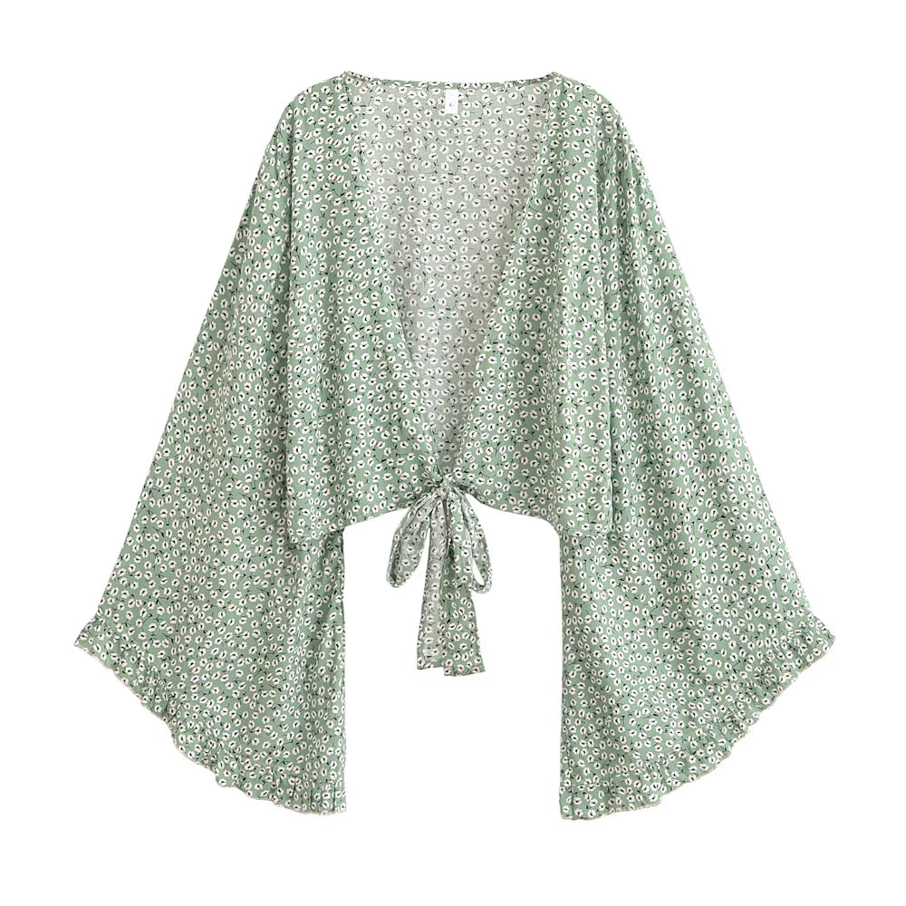 Green Poppy Boho Floral Print Long Sleeve Crop Top