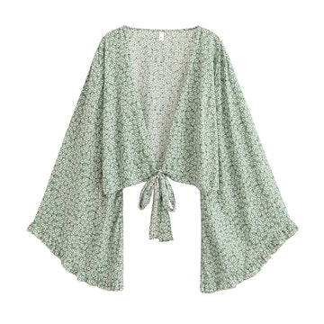 Green Poppy Boho Floral Print Long Sleeve Crop Top