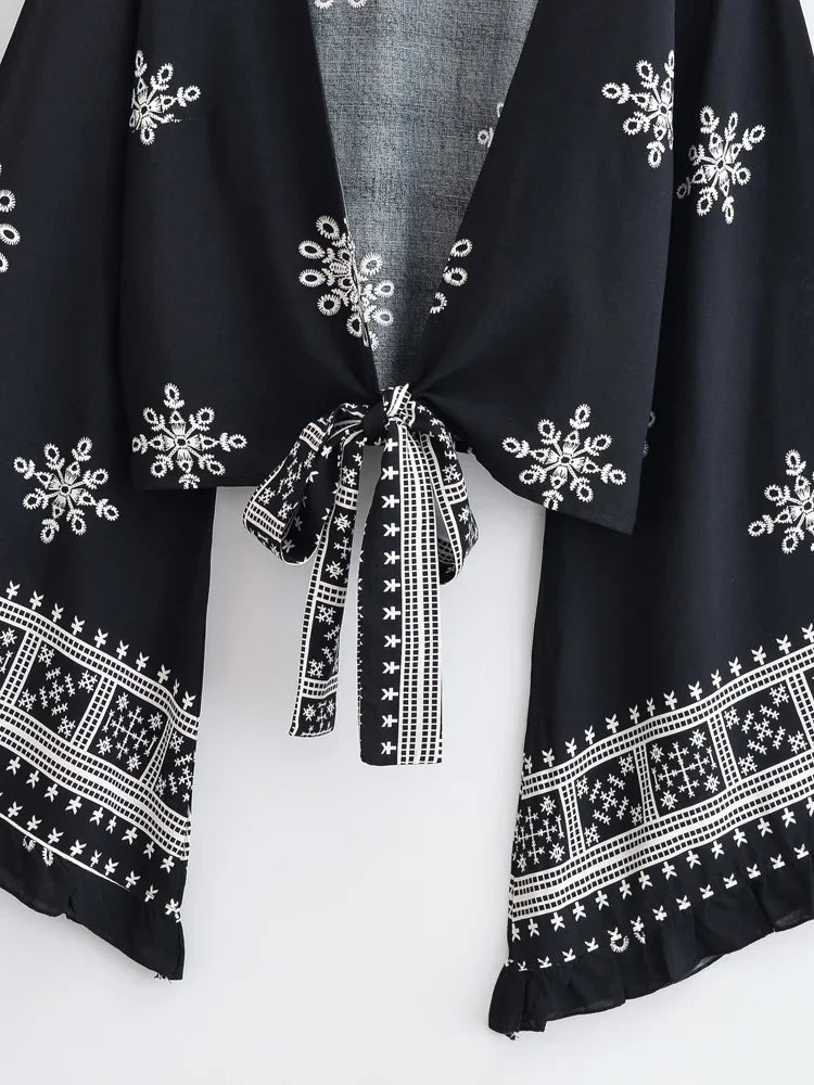 Onyx Dream Boho Floral Print Long Sleeve Crop Top