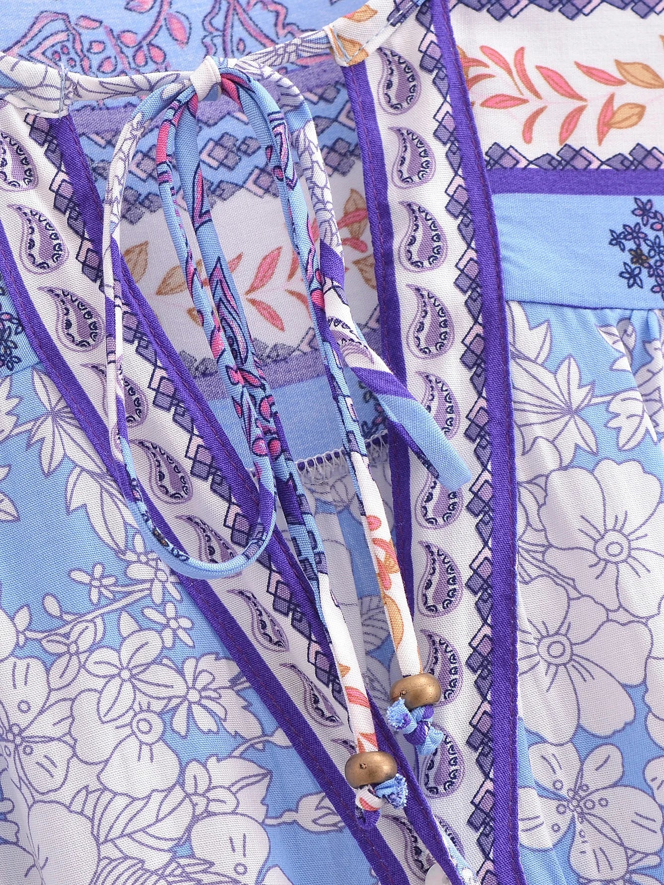 Serene Blue Boho Floral Print Long Sleeve Blouse