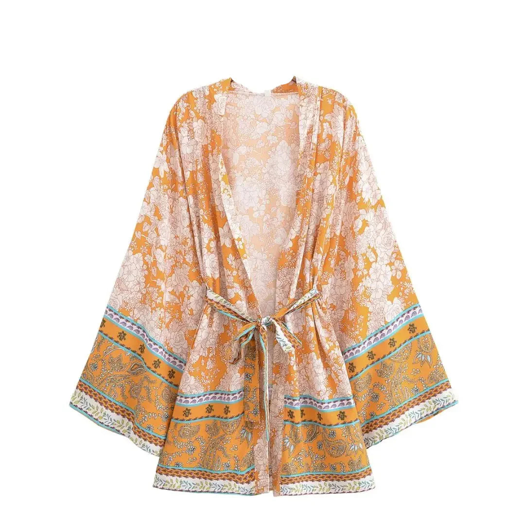 Saffron Bloom Boho Floral Print Short Robe
