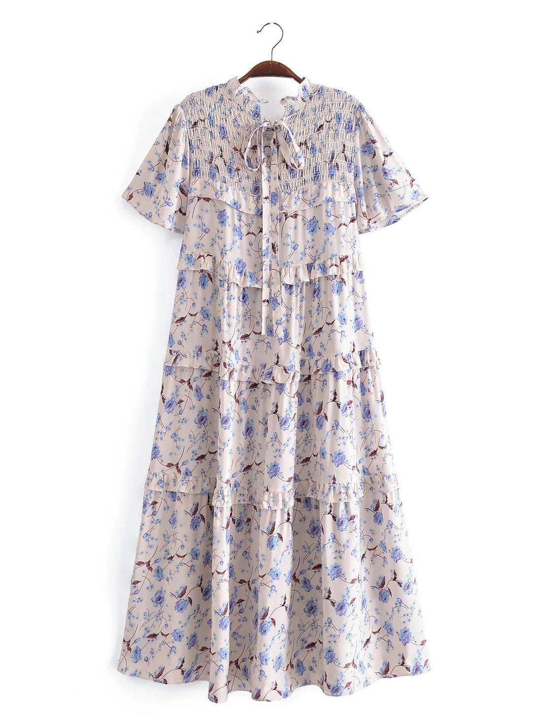 Prairie Blue Boho Floral Print Midi Dress