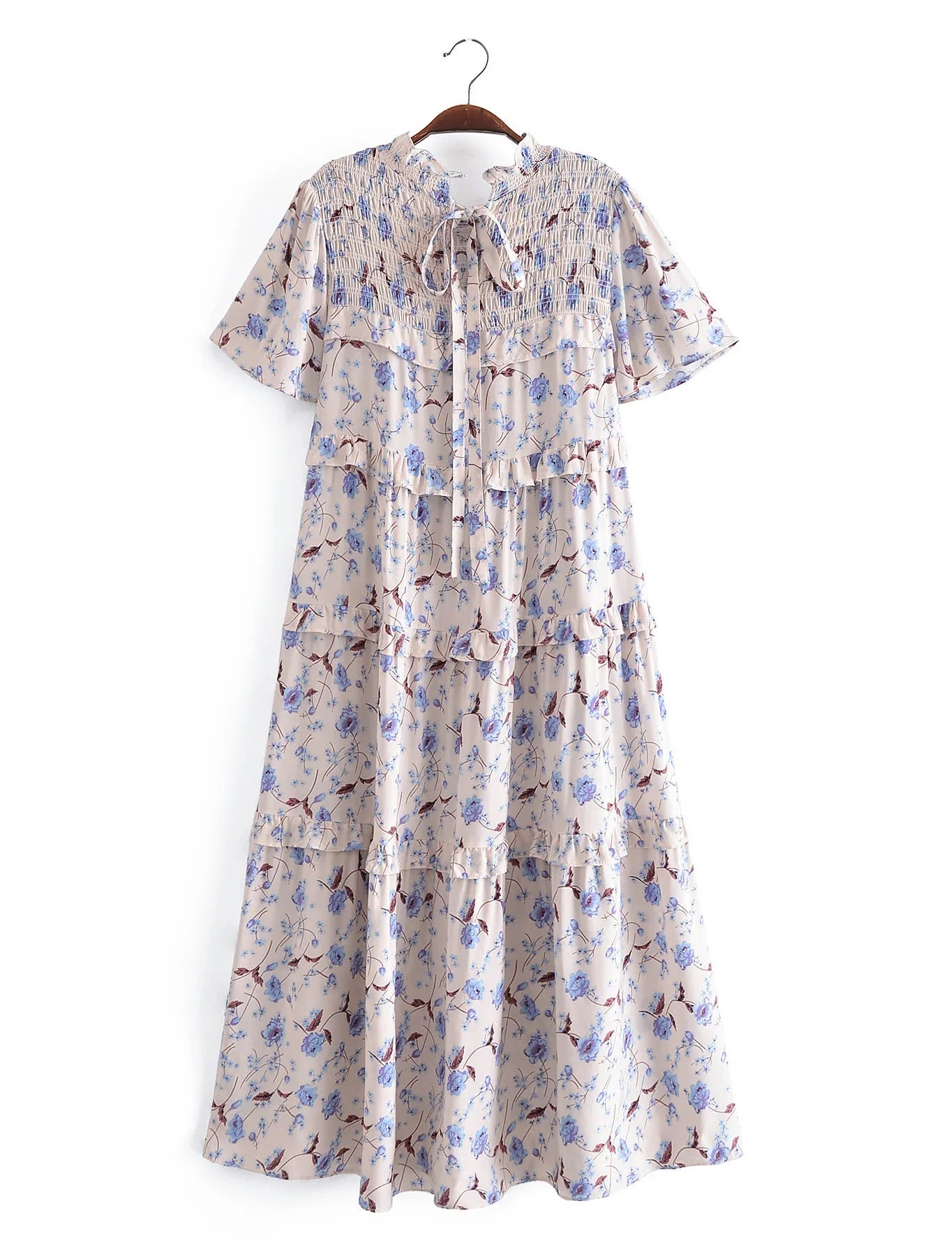Prairie Blue Boho Floral Print Midi Dress