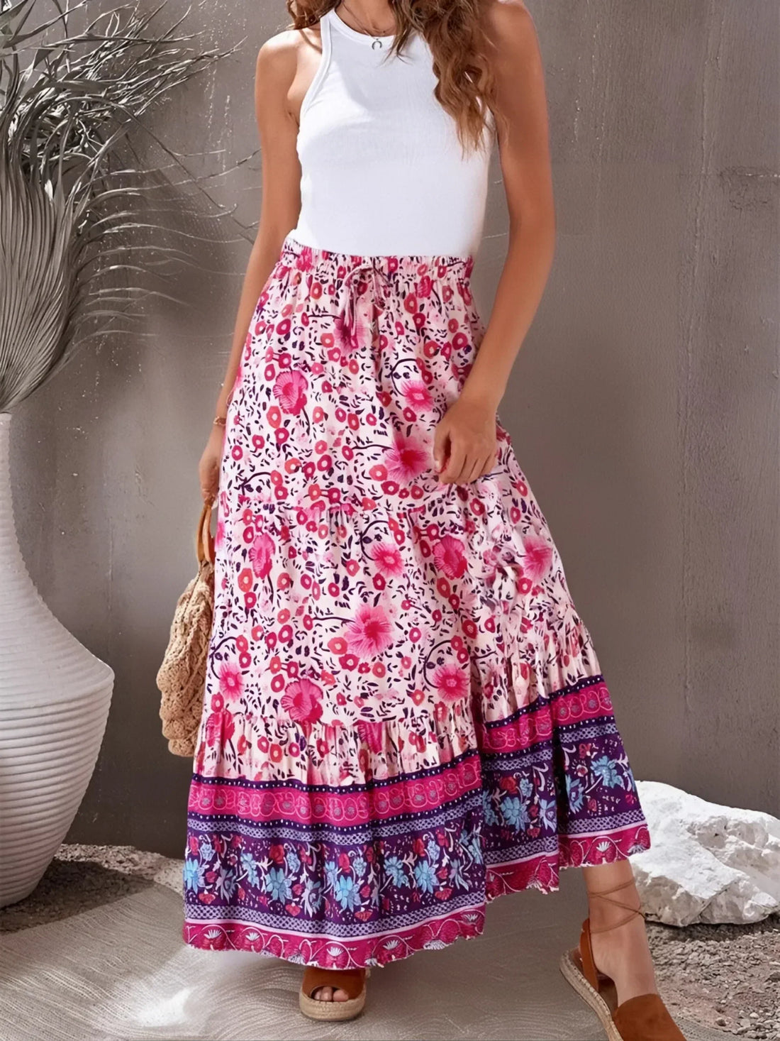 Pink Violet Floral Print Boho Maxi Skirt