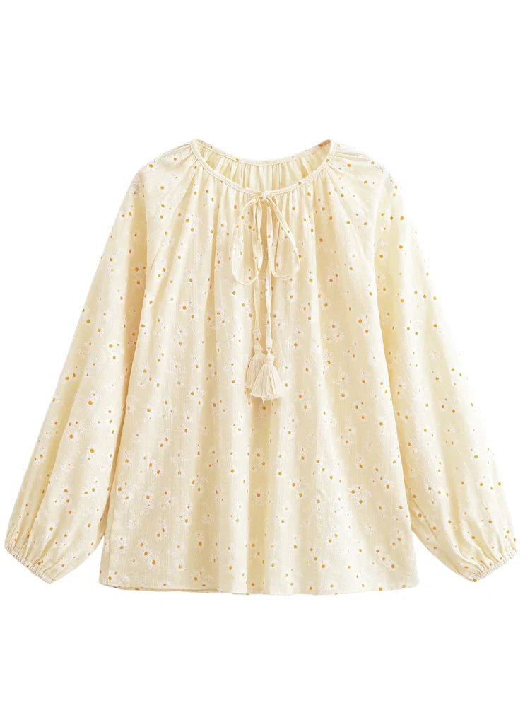 Golden Daisy Boho Floral Embroidered Long Sleeve Blouse