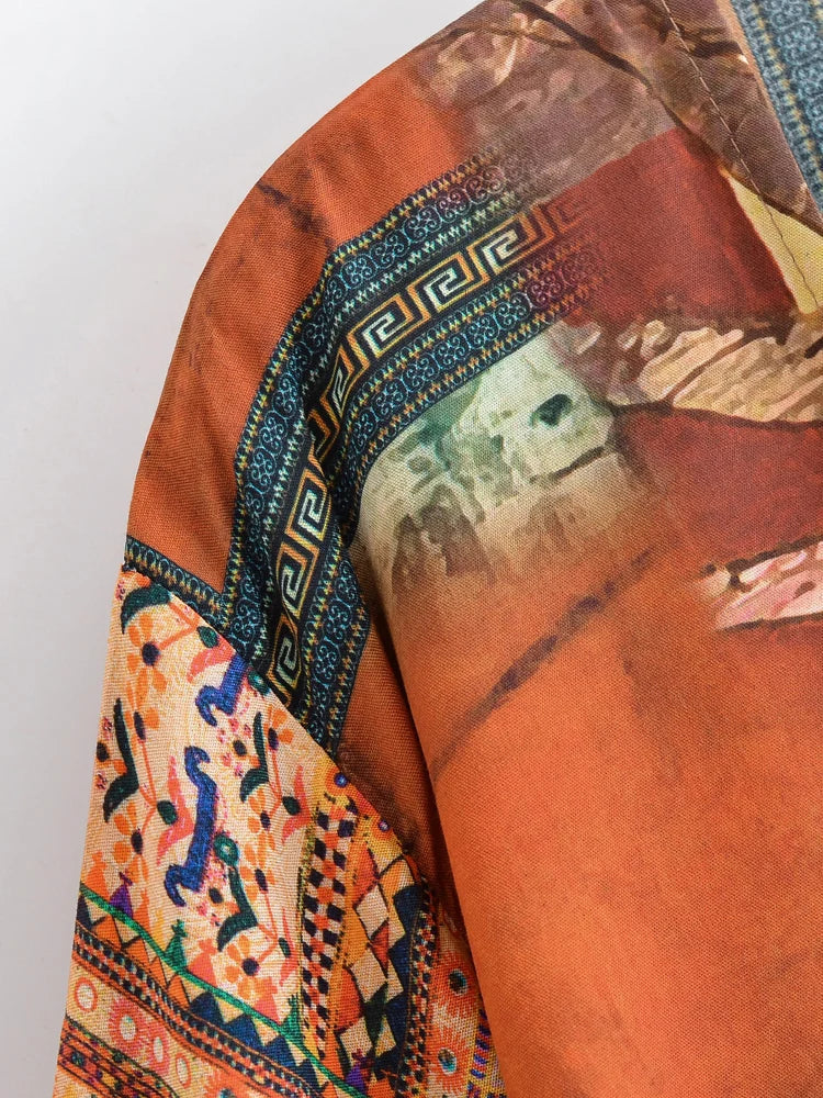 Sunset Rhapsody Boho Paisley Print Long Sleeve Crop Top