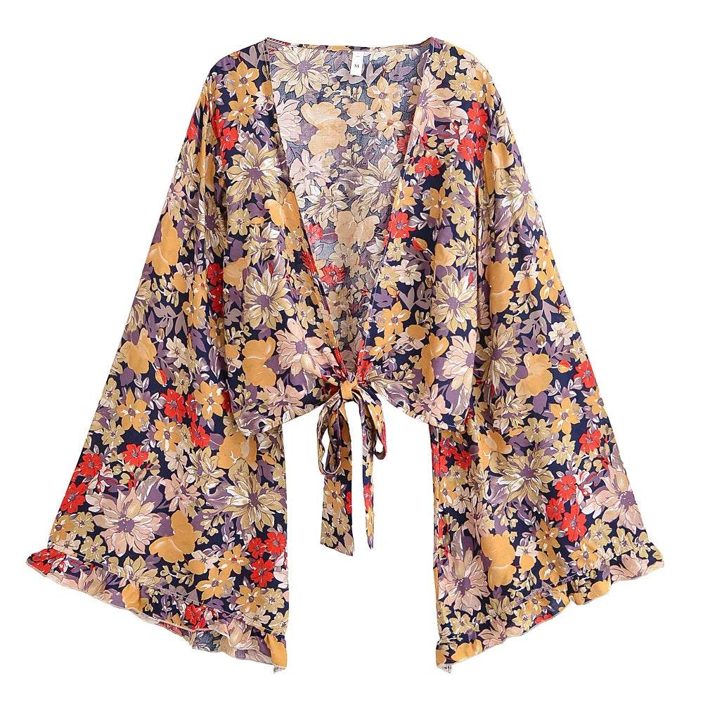 Golden Twilight Boho Floral Print Long Sleeve Crop Top