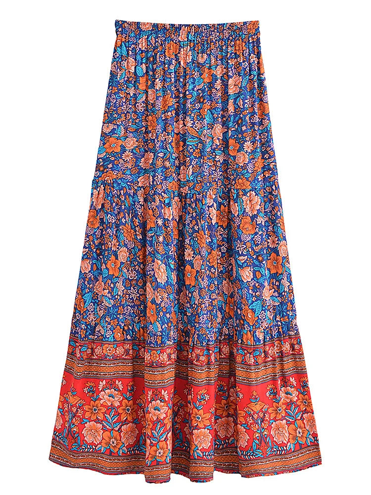 Sapphire Blue Floral Print Boho Maxi Skirt
