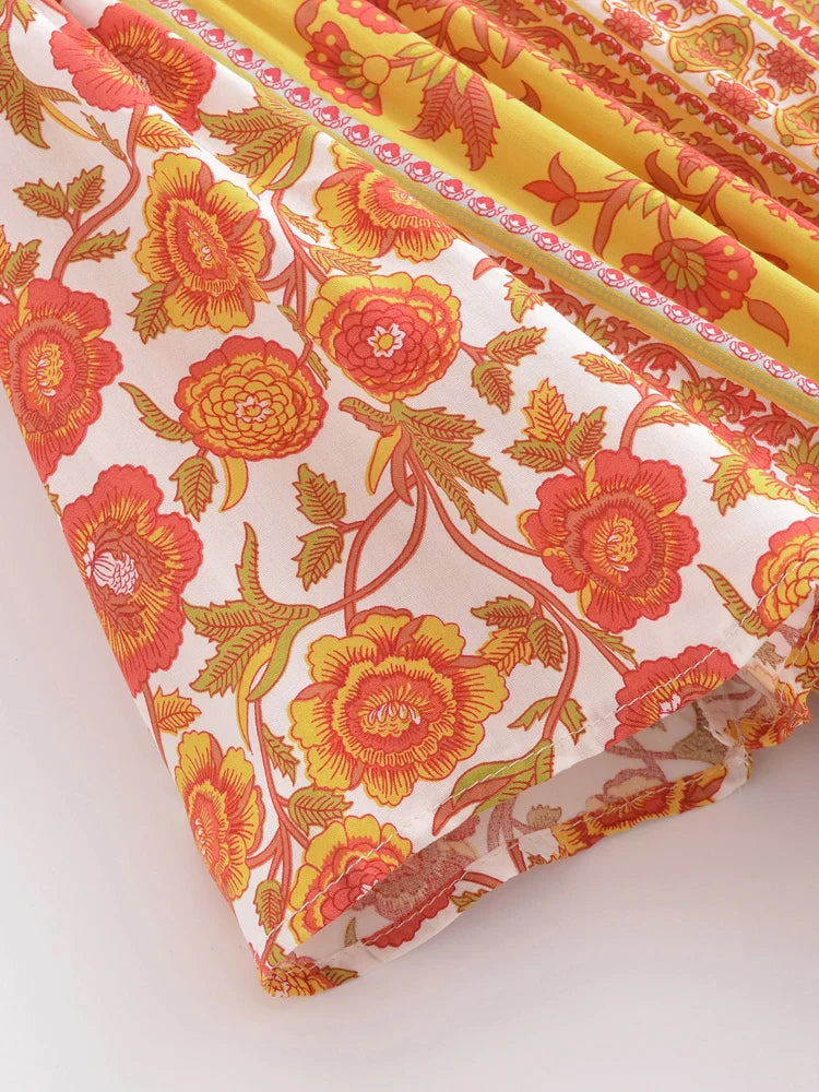 Marigold Orange Boho Floral Print Maxi Dress