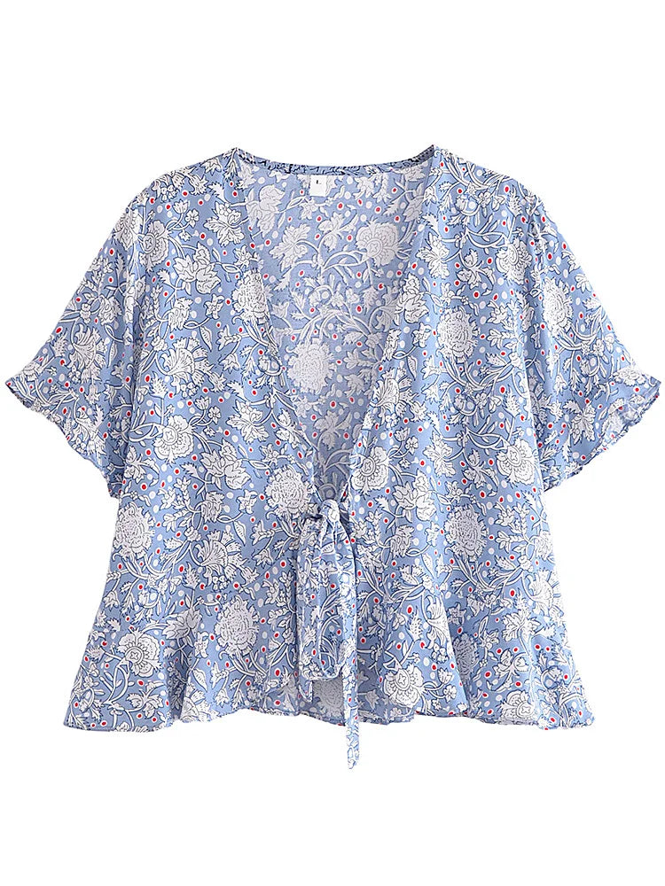 Serenity Blue Boho Floral Print Crop Top