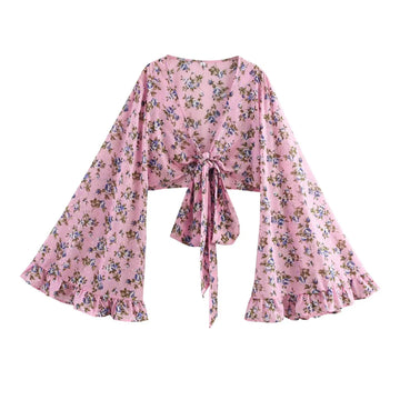 Rosy Bloom Boho Floral Print Semi-Sheer Crop Top