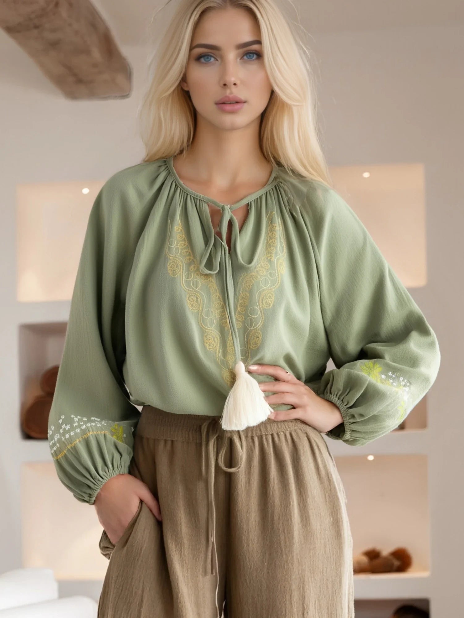 Moss Sage Floral Embroidered Long Sleeve Blouse