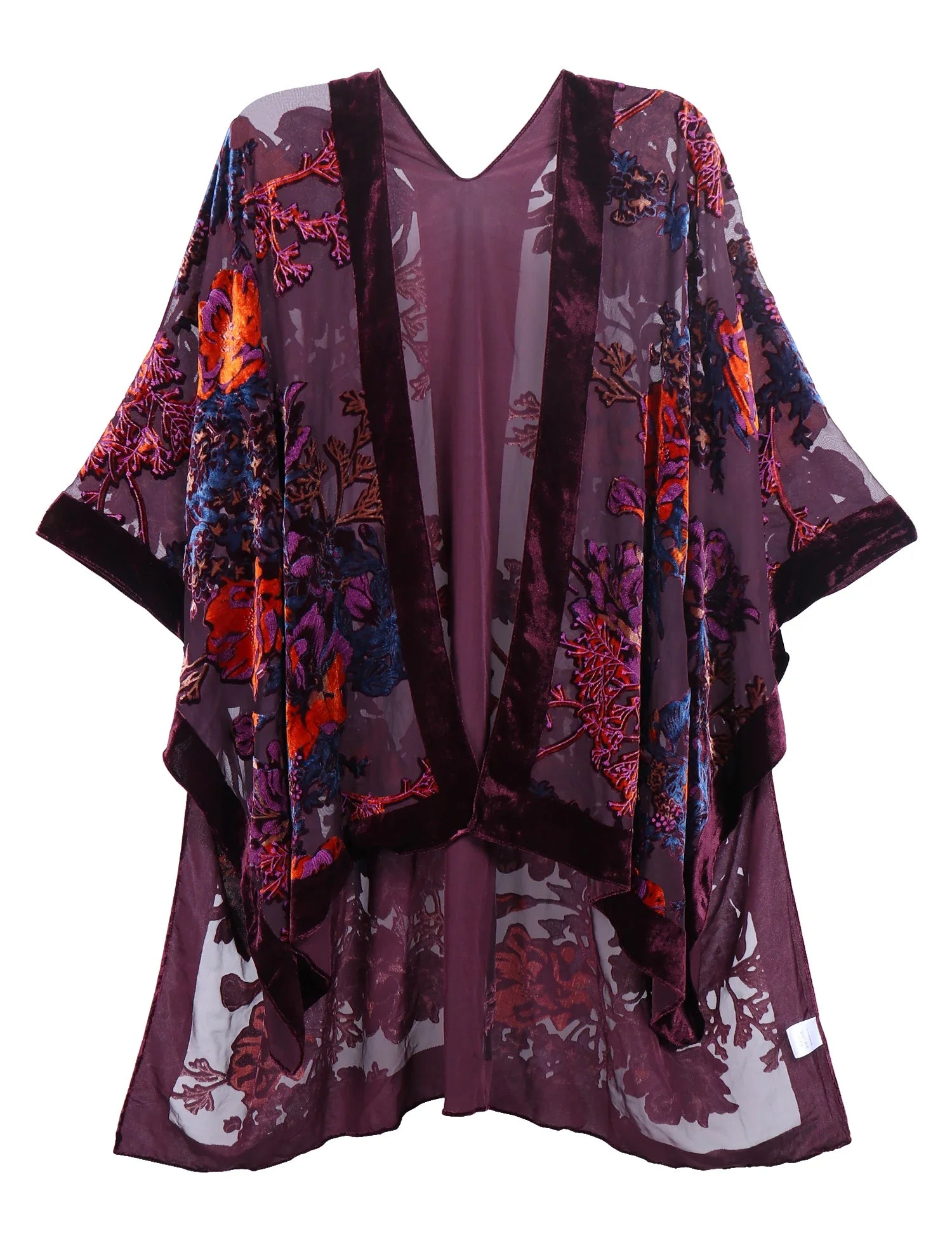 Plum Wine Floral Print Velvet Burnout Kimono