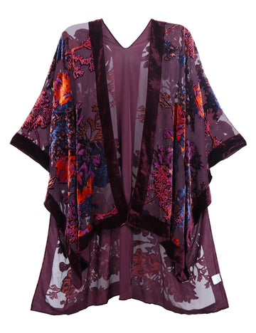 Plum Wine Floral Print Velvet Burnout Kimono