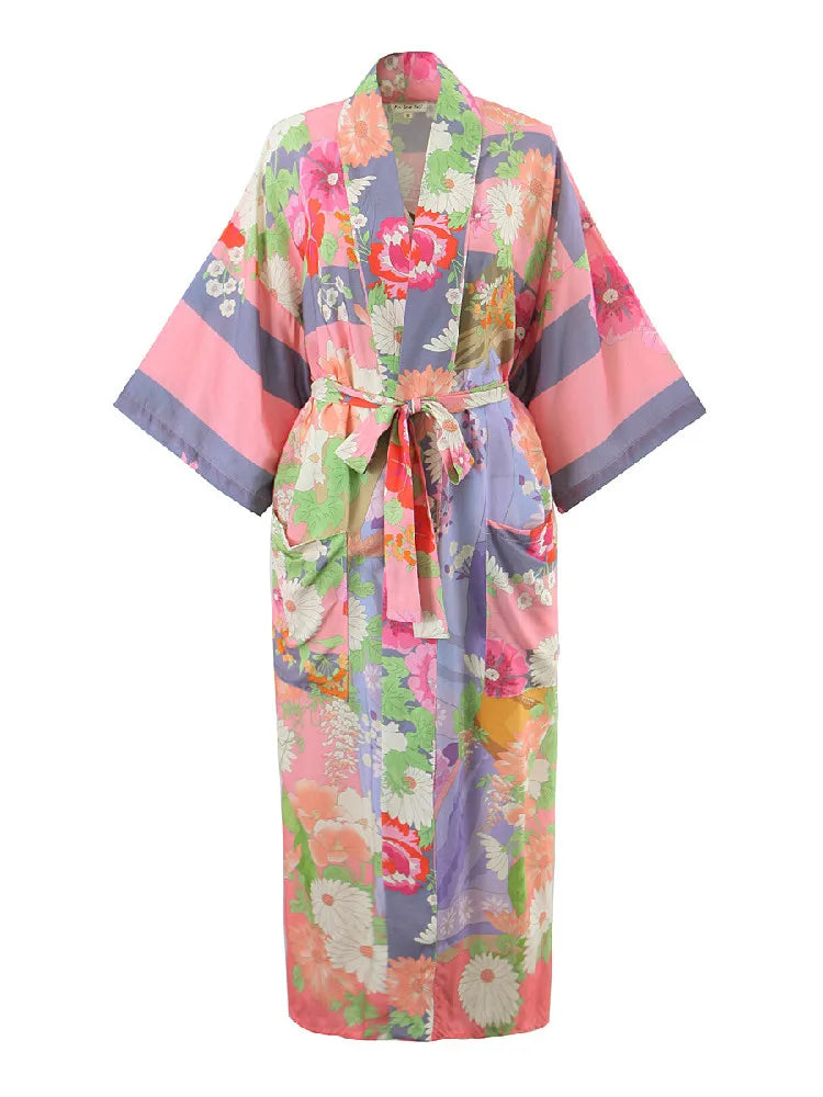 Pink Blooms Boho Floral Print Maxi Robe