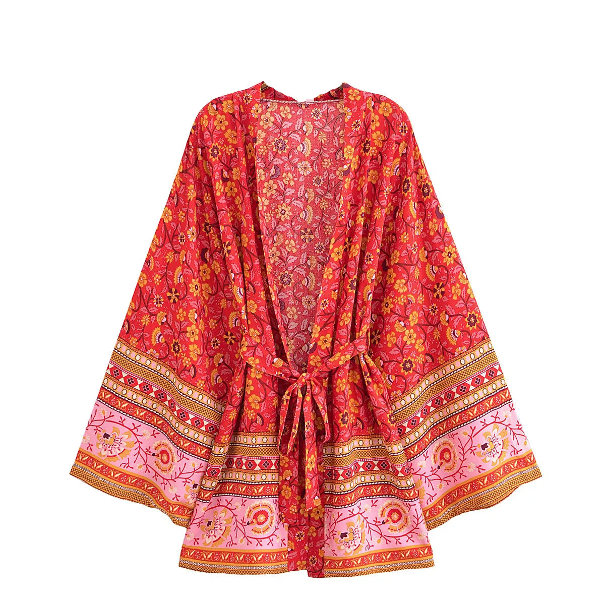 Crimson Bloom Boho Floral Print Short Robe
