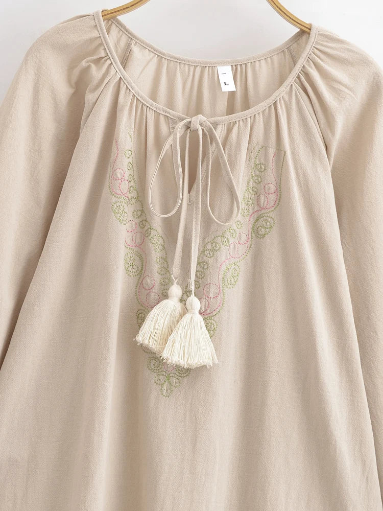 Cream Meadow Floral Embroidered Long Sleeve Blouse