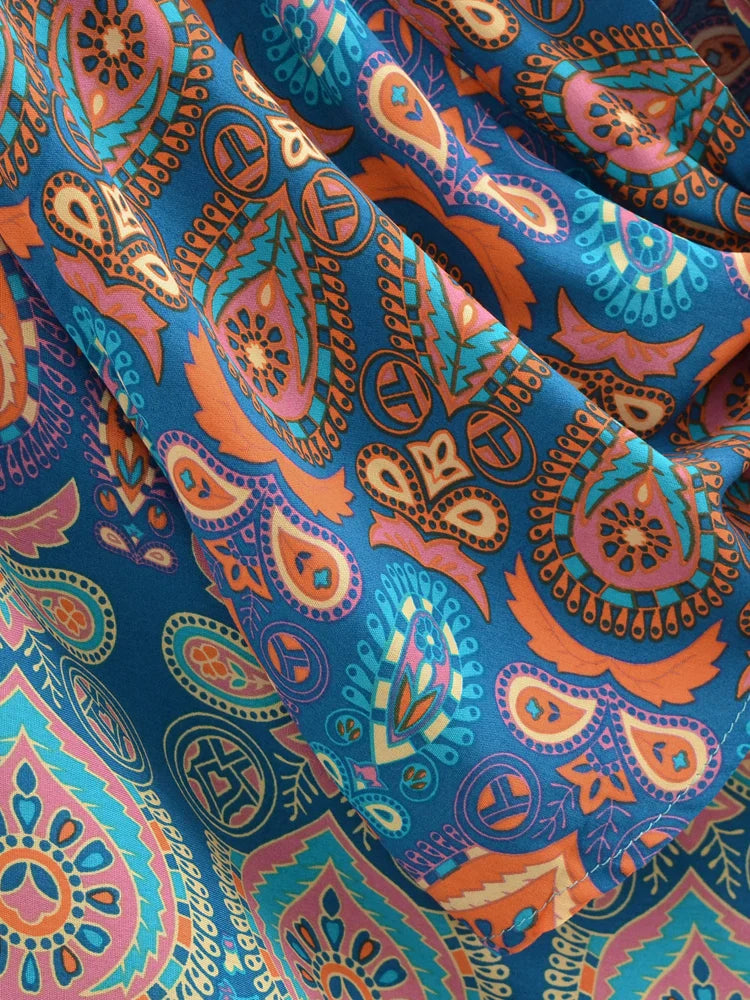 Azure Blue Boho Floral Print Crop Top