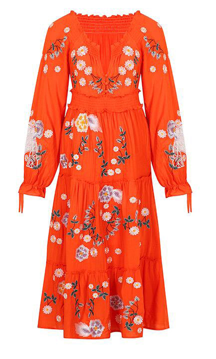 Sunset Blossom Floral Embroidered Maxi Dress