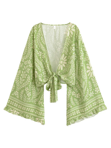 Eden Green Boho Floral Print Long Sleeve Crop Top