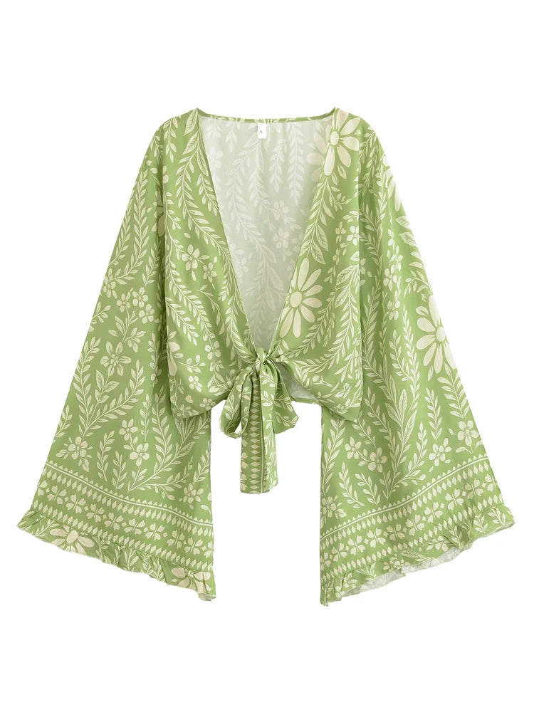 Eden Green Boho Floral Print Long Sleeve Crop Top