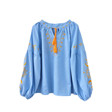 Aurora Luna Sol Embroidered Long Sleeve Blouse