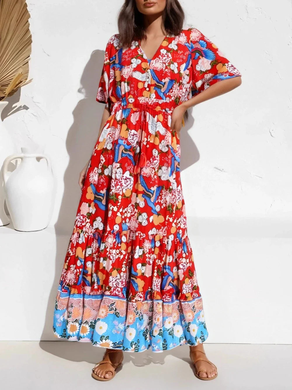 Red Freebird Boho Floral Print Maxi Dress