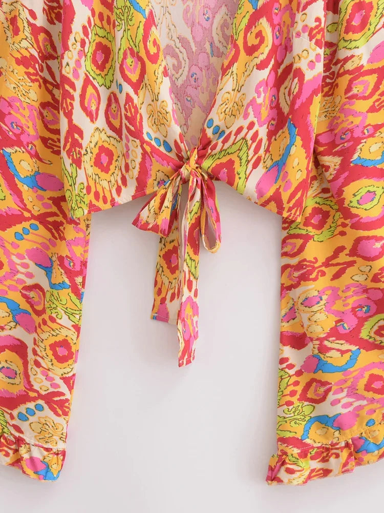 Nova Orange Boho Floral Print Long Sleeve Crop Top