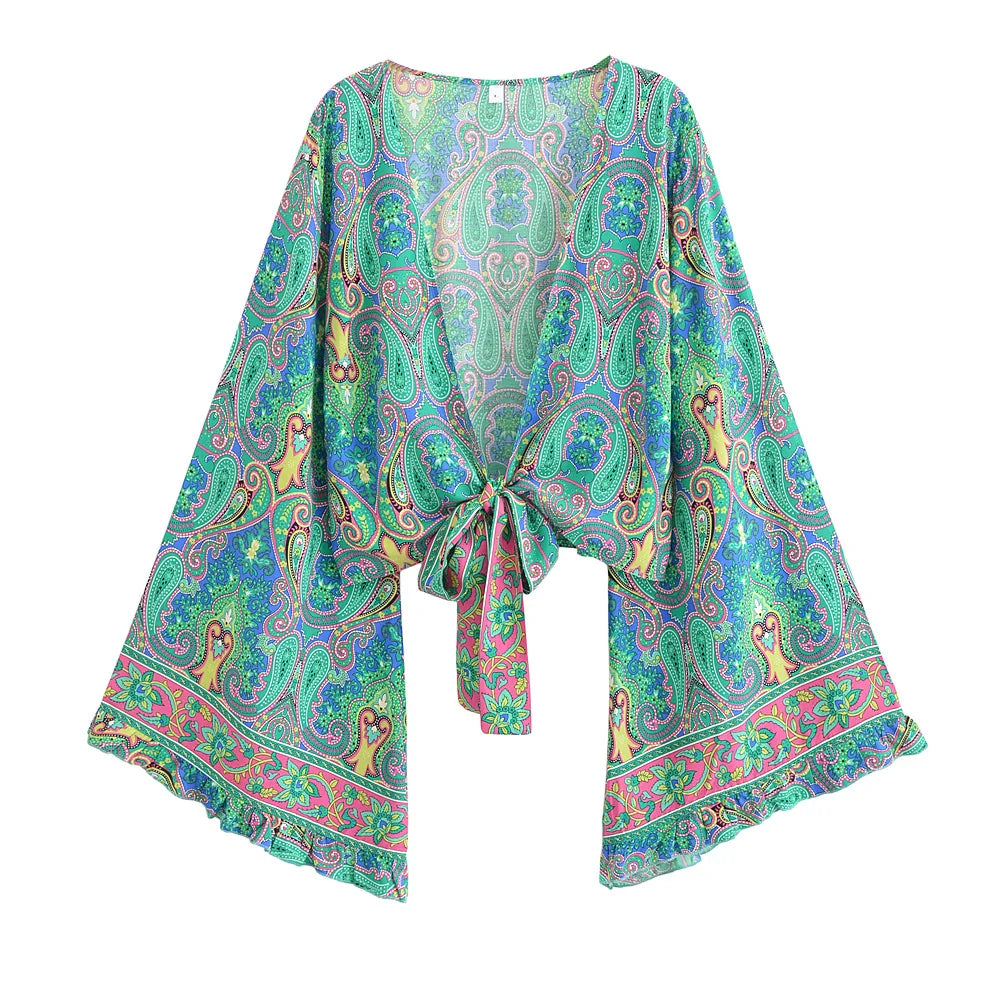Mystic Green Boho Paisley Print Long Sleeve Crop Top