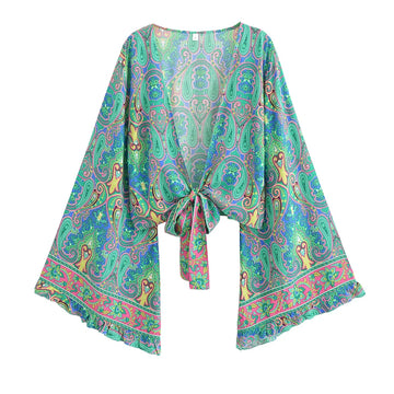 Mystic Green Boho Paisley Print Long Sleeve Crop Top