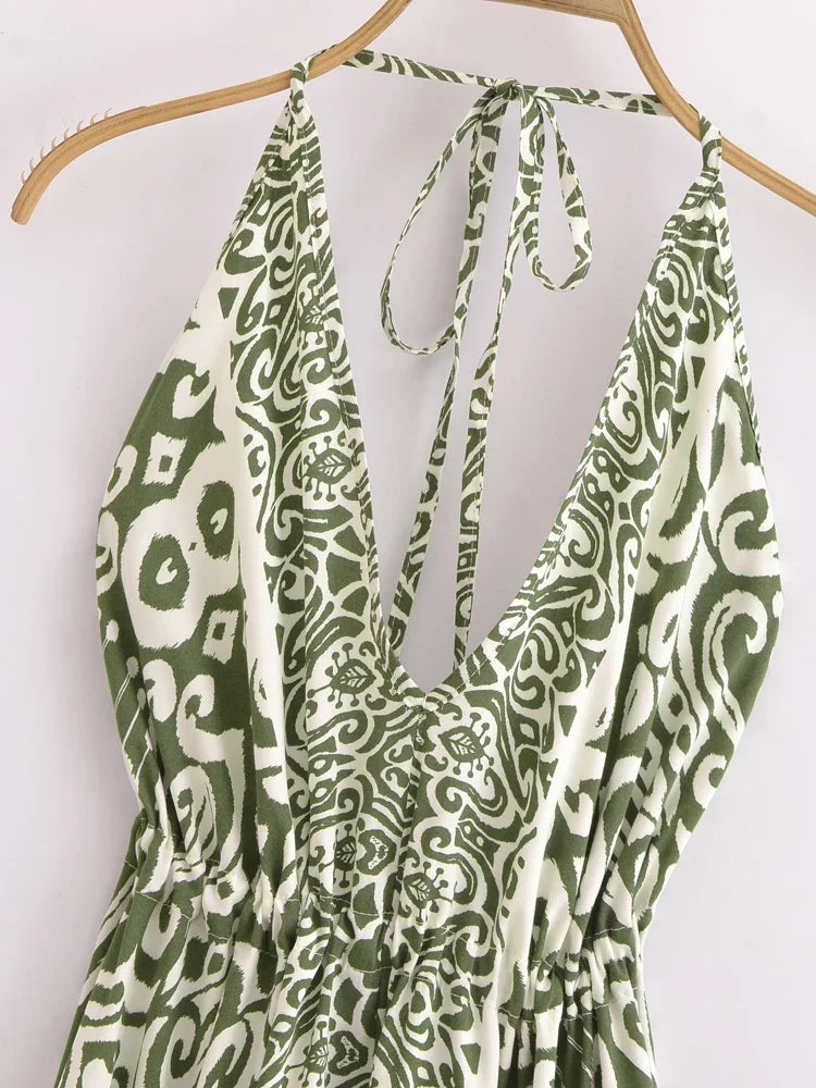 Sage Serenade Boho Floral Print Maxi Dress