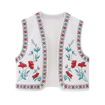 Red Blooms Boho Floral Embroidered Vest