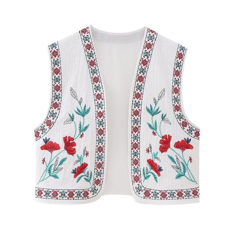 Red Blooms Boho Floral Embroidered Vest