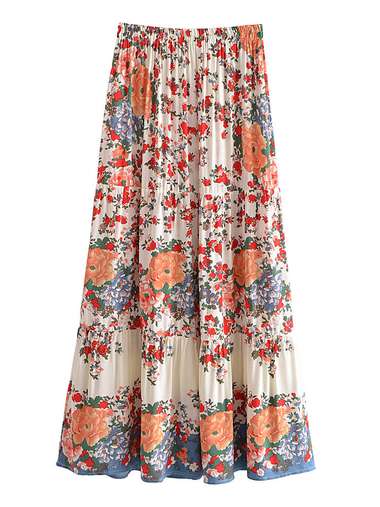 Wildflower Whimsy Floral Print Boho Maxi Skirt