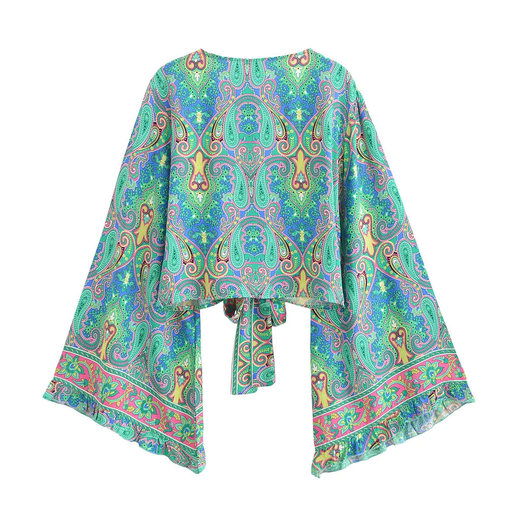 Mystic Green Boho Paisley Print Long Sleeve Crop Top