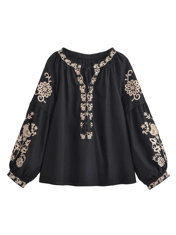 Midnight Songbird Floral Embroidered Long Sleeve Blouse